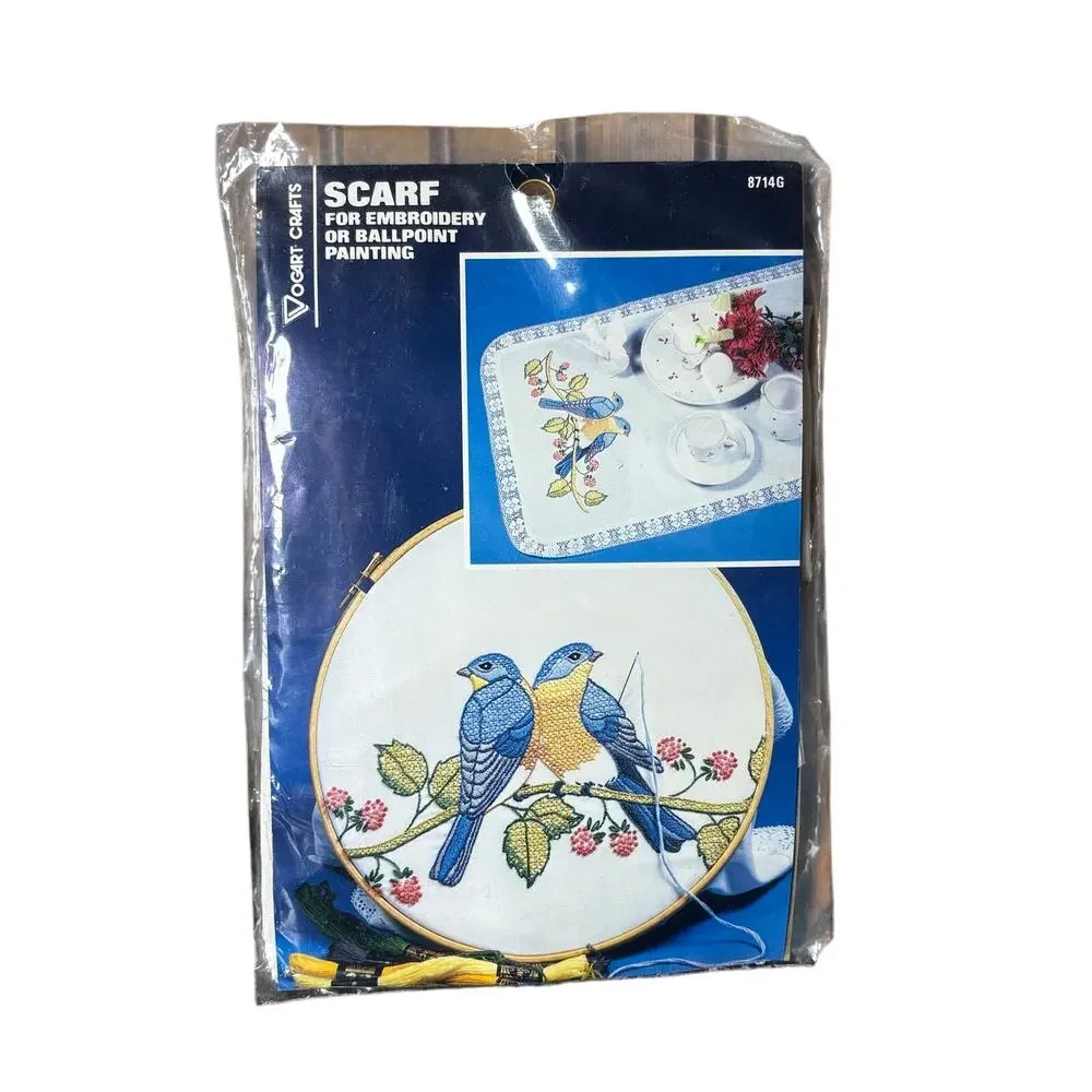 American Vtg Embroidery Kit- unused Vogart Brand Scarf-Blue Birds- hoop included